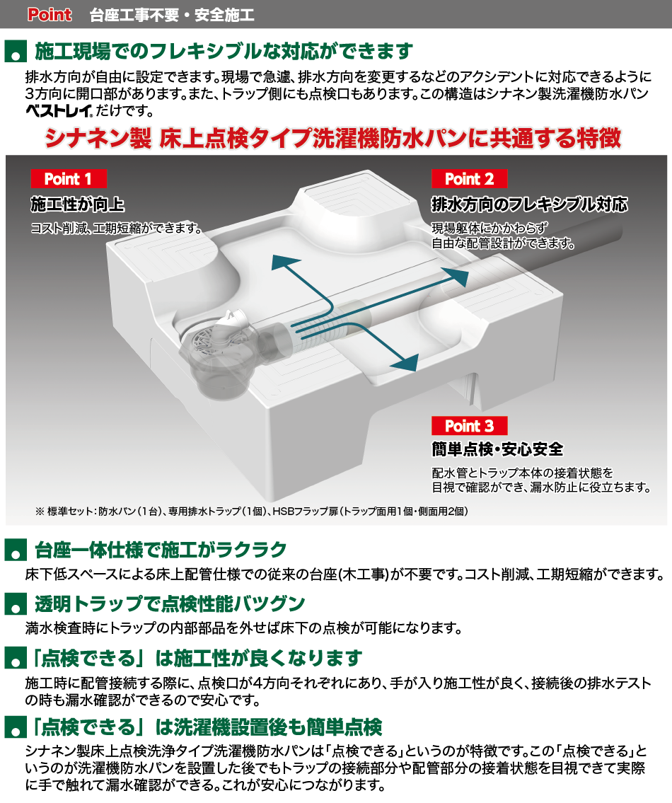 洗濯機アクセサリー 給水栓付64床上点検タイプ ドラム式洗濯機対応の洗濯機防水パン カラー スノーホワイト SINANENシナネン USBS-6464SNW - 3