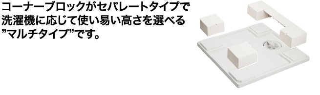 シナネン防水パン　MSB-6464特徴01　コーナーブロックがセパレートタイプで使い方に応じて高さを選べるマルチタイプ